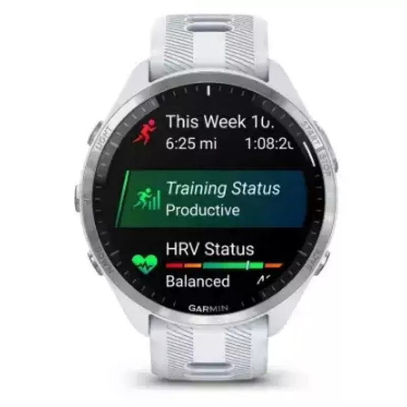Išmanusis laikrodis GARMIN Forerunner 965 — 47 mm titano korpusas, 1,4 colio AMOLED, 32 GB, 23 dienų baterija, GPS/GLONASS/Galileo, baltas silikoninis dirželis