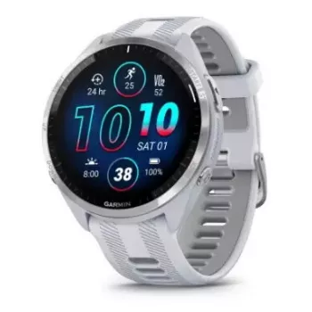 Išmanusis laikrodis GARMIN Forerunner 965 — 47 mm titano korpusas, 1,4 colio AMOLED, 32 GB, 23 dienų baterija, GPS/GLONASS/Galileo, baltas silikoninis dirželis