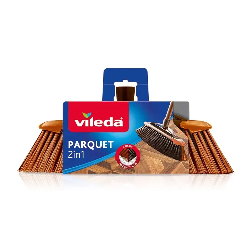 Vidaus šluota VILEDA modelis 136082 su minkštais/kietais plastikiniais šereliais ir kotu, bronzinė