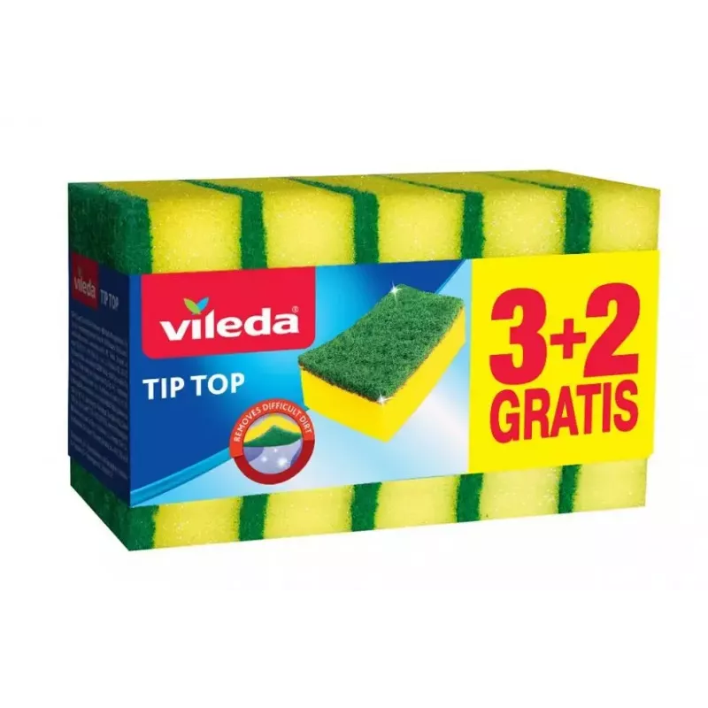 Indų plovimo kempinė VILEDA Tip-Top, pakuotėje 5 vnt., stačiakampiai pluoštiniai įklotai 70×90×30 mm, geltona