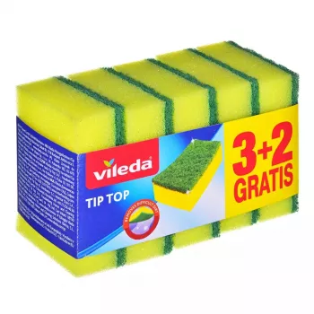 Indų plovimo kempinė VILEDA Tip-Top, pakuotėje 5 vnt., stačiakampiai pluoštiniai įklotai 70×90×30 mm, geltona