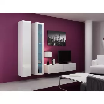 TV staliukas Cama Meble VIGO 140, 1400×400×300 mm, baltas blizgus viršus, medžio drožlių plokštė, baltas rėmas