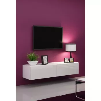 TV staliukas Cama Meble VIGO 140, 1400×400×300 mm, baltas blizgus viršus, medžio drožlių plokštė, baltas rėmas