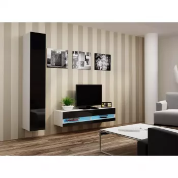 TV staliukas Cama Meble VIGO NEW 30/140/40 – 1400×400×300 mm, baltas viršus, medžio drožlių plokštė, baltas rėmas, baltos/juodos spalvos blizgesys
