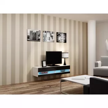 TV staliukas Cama Meble VIGO NEW 30/140/40 – 1400×400×300 mm, baltas viršus, medžio drožlių plokštė, baltas rėmas, baltos/juodos spalvos blizgesys