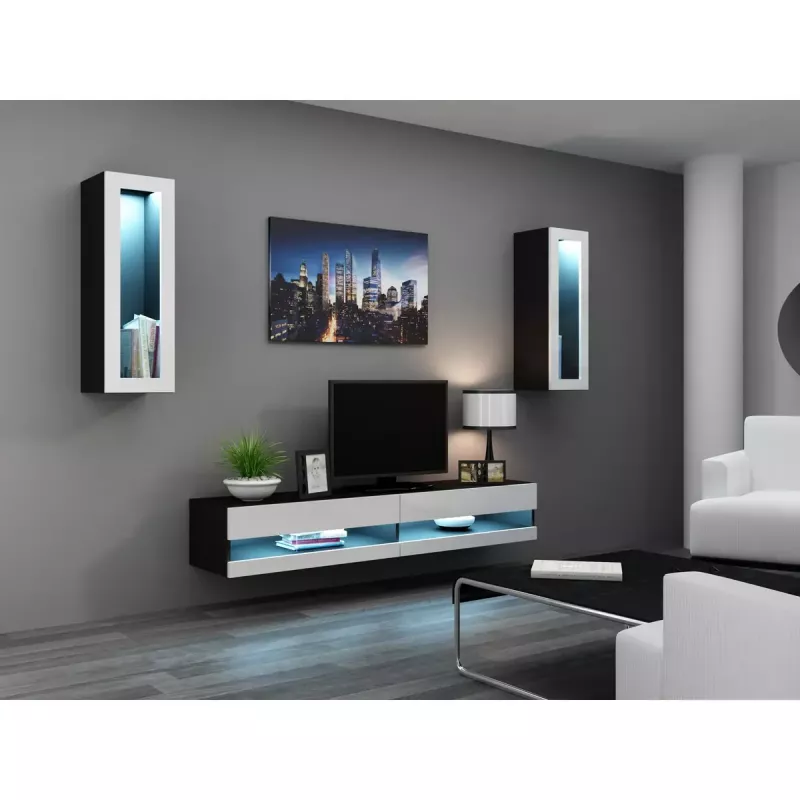 TV staliukas Cama Meble VIGO NEW 30/140/40, 1400×400×300 mm, juoda viršutinė dalis, medžio drožlių plokštė, juodas rėmas