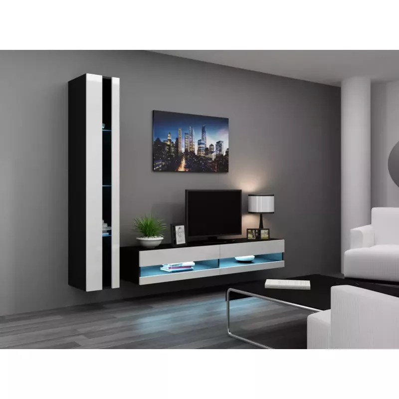 TV staliukas Cama Meble VIGO NEW 30/140/40, 1400×400×300 mm, juoda viršutinė dalis, medžio drožlių plokštė, juodas rėmas
