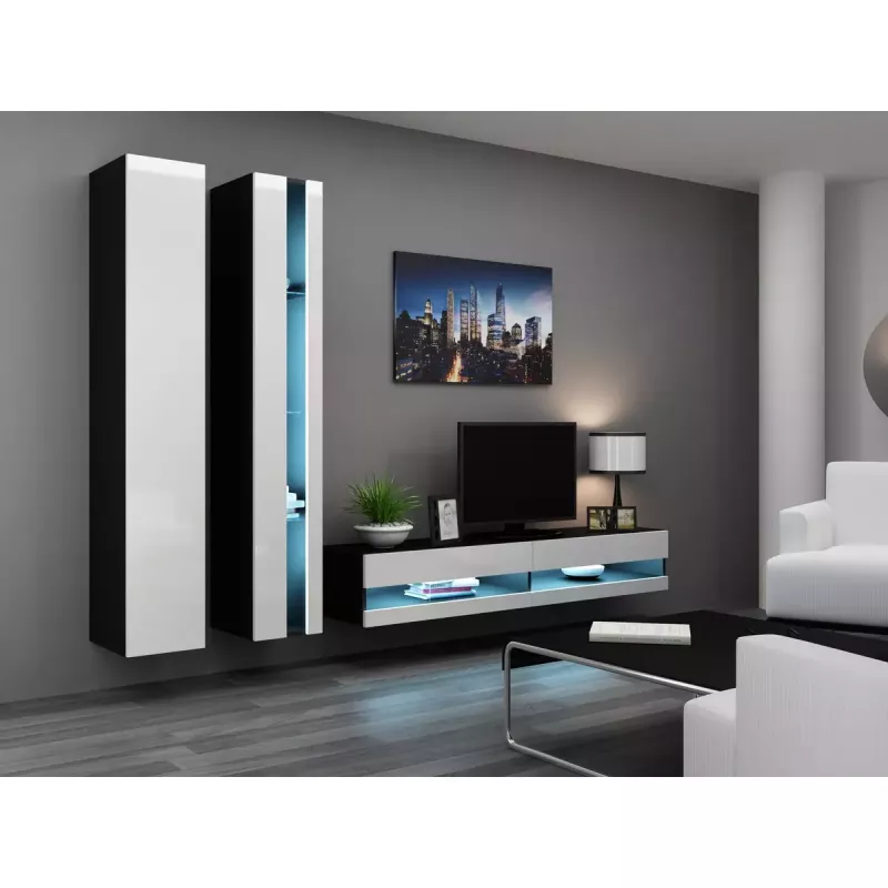 TV staliukas Cama Meble VIGO NEW 30/140/40, 1400×400×300 mm, juoda viršutinė dalis, medžio drožlių plokštė, juodas rėmas