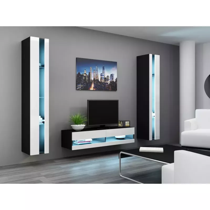TV staliukas Cama Meble VIGO NEW 30/140/40, 1400×400×300 mm, juoda viršutinė dalis, medžio drožlių plokštė, juodas rėmas