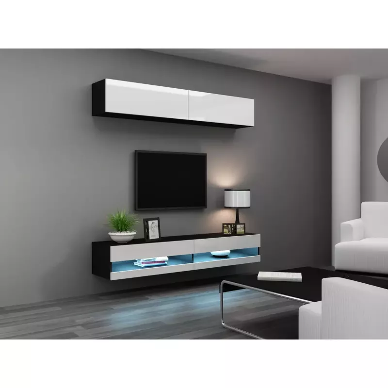 TV staliukas Cama Meble VIGO NEW 30/140/40, 1400×400×300 mm, juoda viršutinė dalis, medžio drožlių plokštė, juodas rėmas
