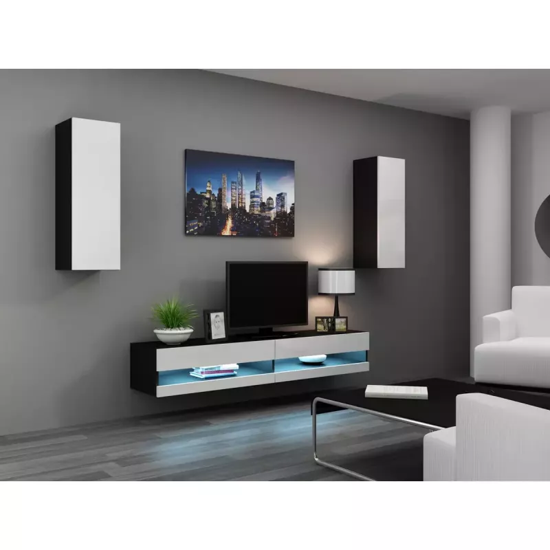 TV staliukas Cama Meble VIGO NEW 30/140/40, 1400×400×300 mm, juoda viršutinė dalis, medžio drožlių plokštė, juodas rėmas