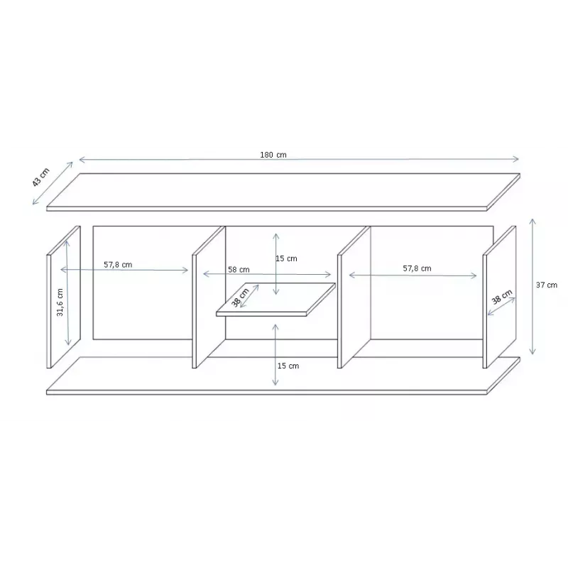 TV staliukas cama meble SOHO 180 — 1800×430×370 mm, baltas viršus (medžio drožlių plokštė), baltas rėmas