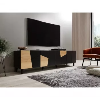 TV spintelė cama meble ETNA 200×42×52 cm, juoda matinė viršutinė plokštė, ąžuolo amato rėmas