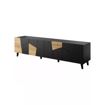 TV spintelė cama meble ETNA 200×42×52 cm, juoda matinė viršutinė plokštė, ąžuolo amato rėmas
