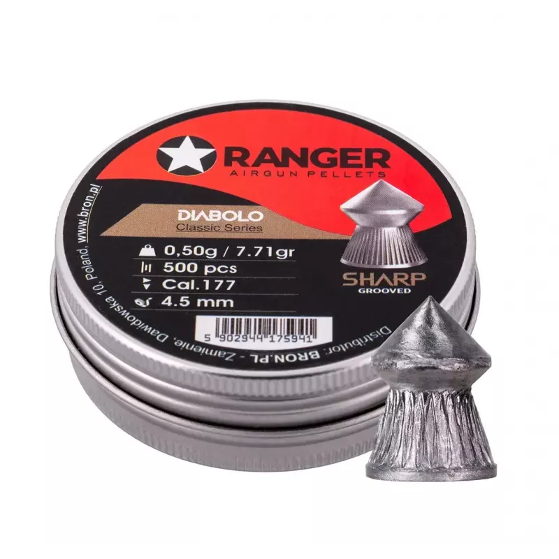 Oro šautuvo šratai RANGER CLAS03.45.500 — 4,5 mm diabolo, aštriai grioveliuota smaigalė, 500 vnt. aliumininiame dozatoriuje