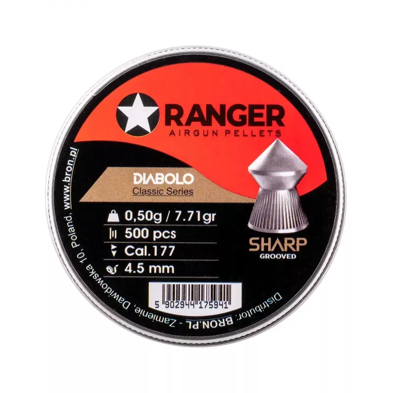 Oro šautuvo šratai RANGER CLAS03.45.500 — 4,5 mm diabolo, aštriai grioveliuota smaigalė, 500 vnt. aliumininiame dozatoriuje