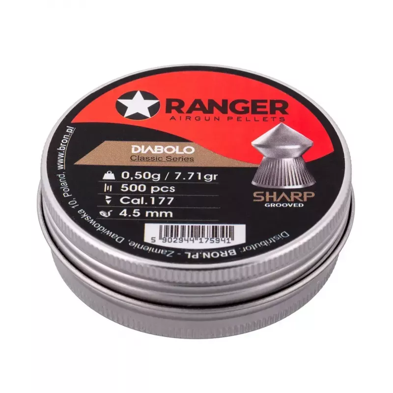Oro šautuvo šratai RANGER CLAS03.45.500 — 4,5 mm diabolo, aštriai grioveliuota smaigalė, 500 vnt. aliumininiame dozatoriuje