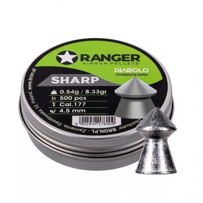 Šratai RANGER PRORO.45.500.S — 4,5 mm diabolo aštrus smaigalys, 500 vnt., aliumininis dozatorius