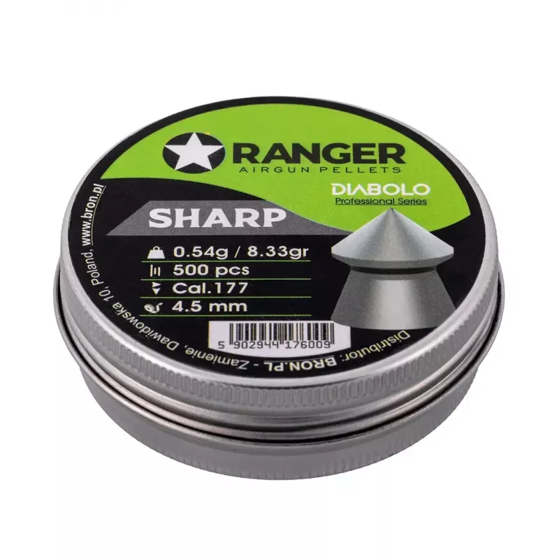 Šratai RANGER PRORO.45.500.S — 4,5 mm diabolo aštrus smaigalys, 500 vnt., aliumininis dozatorius