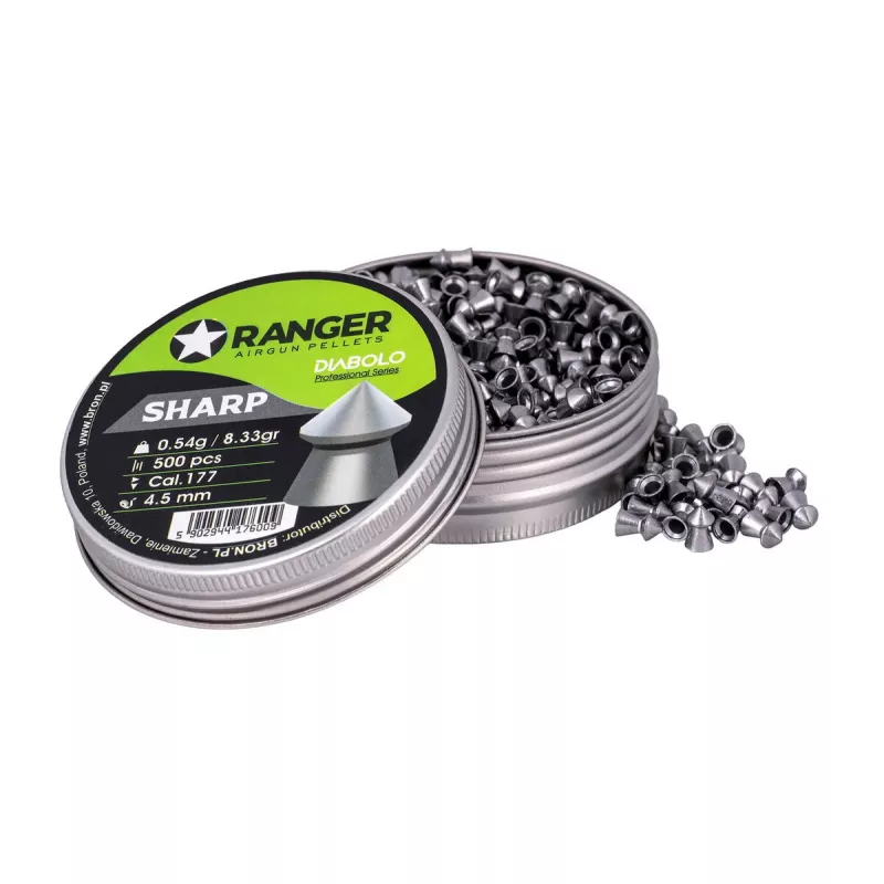 Šratai RANGER PRORO.45.500.S — 4,5 mm diabolo aštrus smaigalys, 500 vnt., aliumininis dozatorius