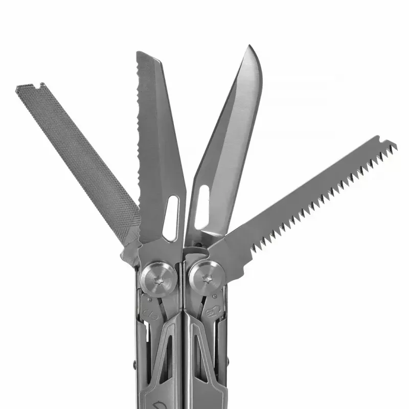 Multitool AZYMUT H2038 pilno dydžio įrankis — 14 įrankių, 16,2 cm atidarytas, 10,1 cm sulankstytas, 264 g, 420/7CR13 plienas, odinis dėklas