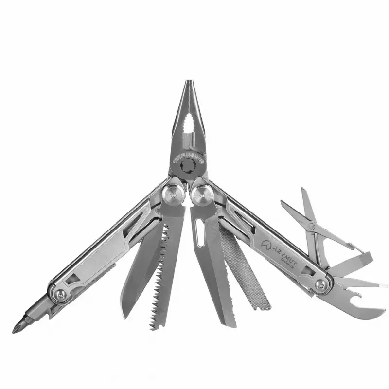 Multitool AZYMUT H2038 pilno dydžio įrankis — 14 įrankių, 16,2 cm atidarytas, 10,1 cm sulankstytas, 264 g, 420/7CR13 plienas, odinis dėklas