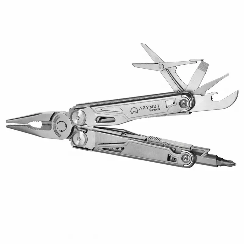 Multitool AZYMUT H2038 pilno dydžio įrankis — 14 įrankių, 16,2 cm atidarytas, 10,1 cm sulankstytas, 264 g, 420/7CR13 plienas, odinis dėklas
