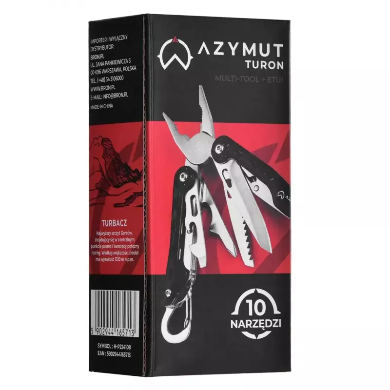 Multitool AZYMUT Turon 10-tools carabiner H-P224108 — nerūdijantis plienas 420, 10 funkcijų, sulankstytas 11 cm, svoris 224 g, odinis dėklas