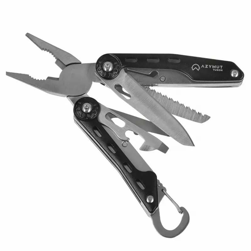 Multitool AZYMUT Turon 10-tools carabiner H-P224108 — nerūdijantis plienas 420, 10 funkcijų, sulankstytas 11 cm, svoris 224 g, odinis dėklas