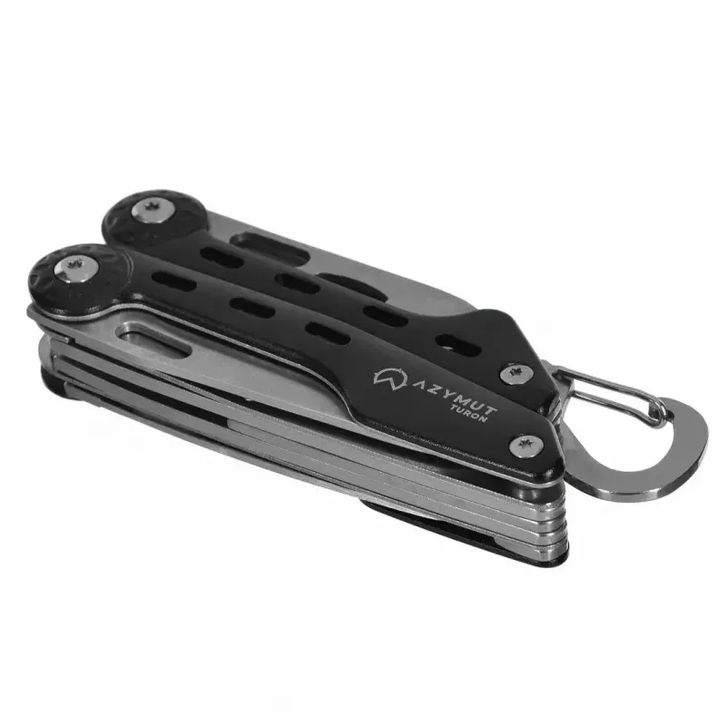 Multitool AZYMUT Turon 10-tools carabiner H-P224108 — nerūdijantis plienas 420, 10 funkcijų, sulankstytas 11 cm, svoris 224 g, odinis dėklas