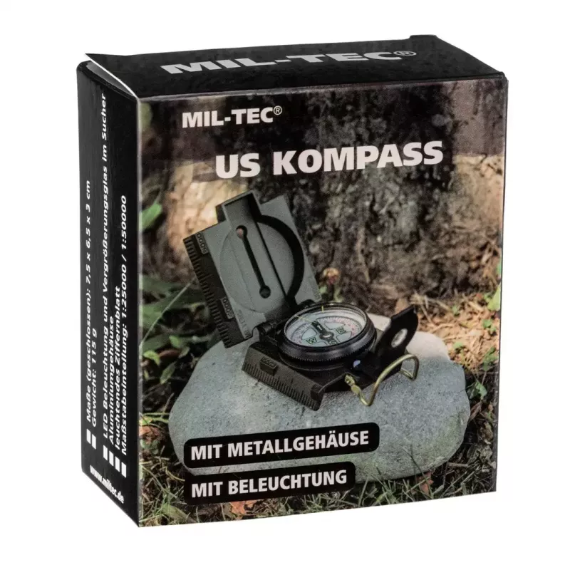 Navigacinis magnetinis kompasas Mil‑Tec Mil‑Tec US su apšvietimu, aliuminio korpusas, masteliai 1:50k ir 1:25k, alyvuogių