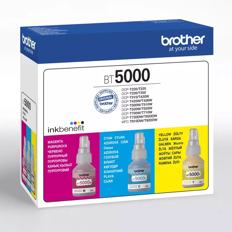 Rašalo kasečių rinkinys Brother BT-5000C suderinamas, 3 spalvų rinkinys (žalsvai mėlyna, rausvai raudona, geltona), 3 vnt., 48,8 ml, 5000 puslapių