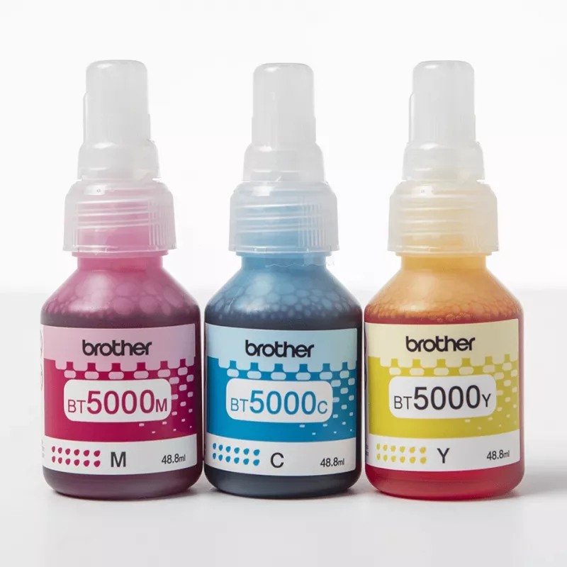 Rašalo kasečių rinkinys Brother BT-5000C suderinamas, 3 spalvų rinkinys (žalsvai mėlyna, rausvai raudona, geltona), 3 vnt., 48,8 ml, 5000 puslapių