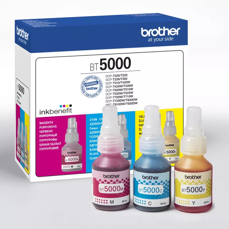Rašalo kasečių rinkinys Brother BT-5000C suderinamas, 3 spalvų rinkinys (žalsvai mėlyna, rausvai raudona, geltona), 3 vnt., 48,8 ml, 5000 puslapių