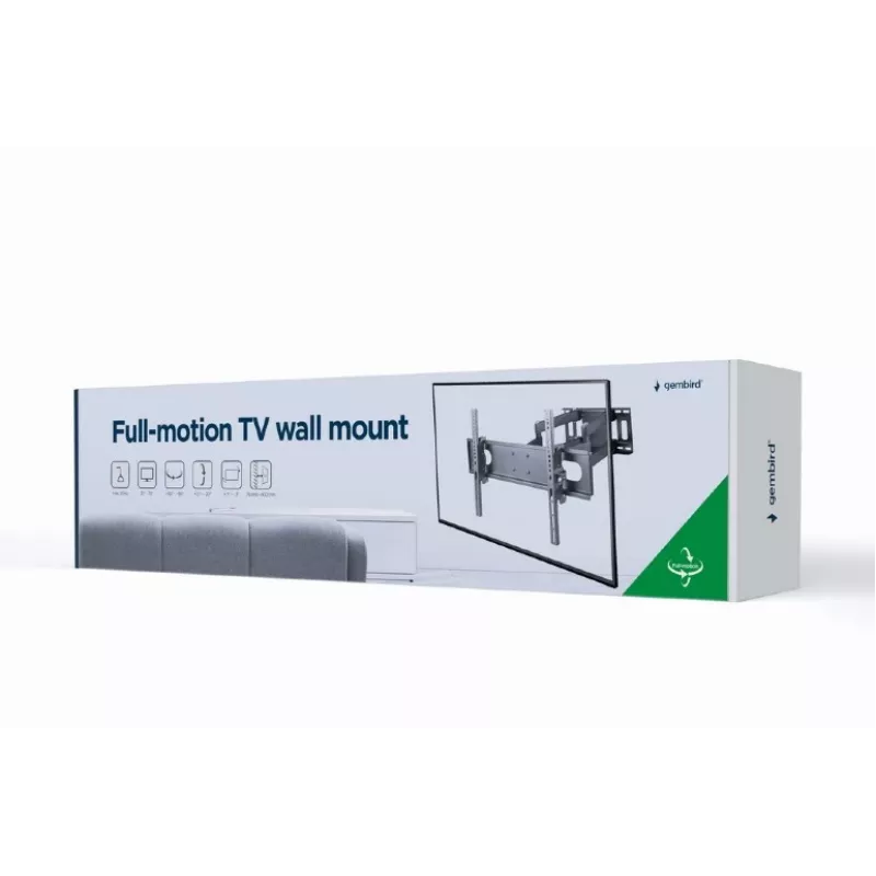 Sieninis TV laikiklis GEMBIRD WM-70ST-01 37–70 colių ekranams, pakreipimas 0° iki -20°, pasukimas ±60°, VESA 200×200–600×400, maks. 35 kg, juodas