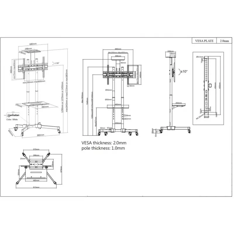 Grindų TV ir monitoriaus laikiklio vežimėlis MANHATTAN 461238, mobilus, juodas, aukštis 1803 mm, VESA 200x200–600x400, maks. 50 kg