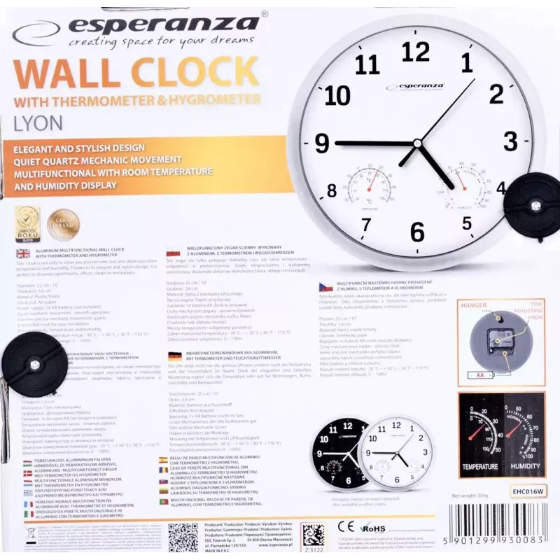 Sieninis laikrodis ESPERANZA EHC016K Lyon juodas, 25 cm skersmuo, tylus mechanizmas, stiklo danga, plastikinis rėmas