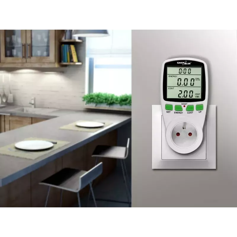 Vatmetras GreenBlue GB202 galios matuoklis 0–9999 W, 3600 W maks., 220–240 V, 16 A, LCD ekranas
