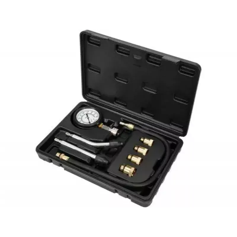 Analoginis manometras YATO YT-73022 0–20 bar, 75 mm ciferblatas, anglinis plienas, 0,5 m žarna, 4 žalvariniai adapteriai, nešiojimo dėklas