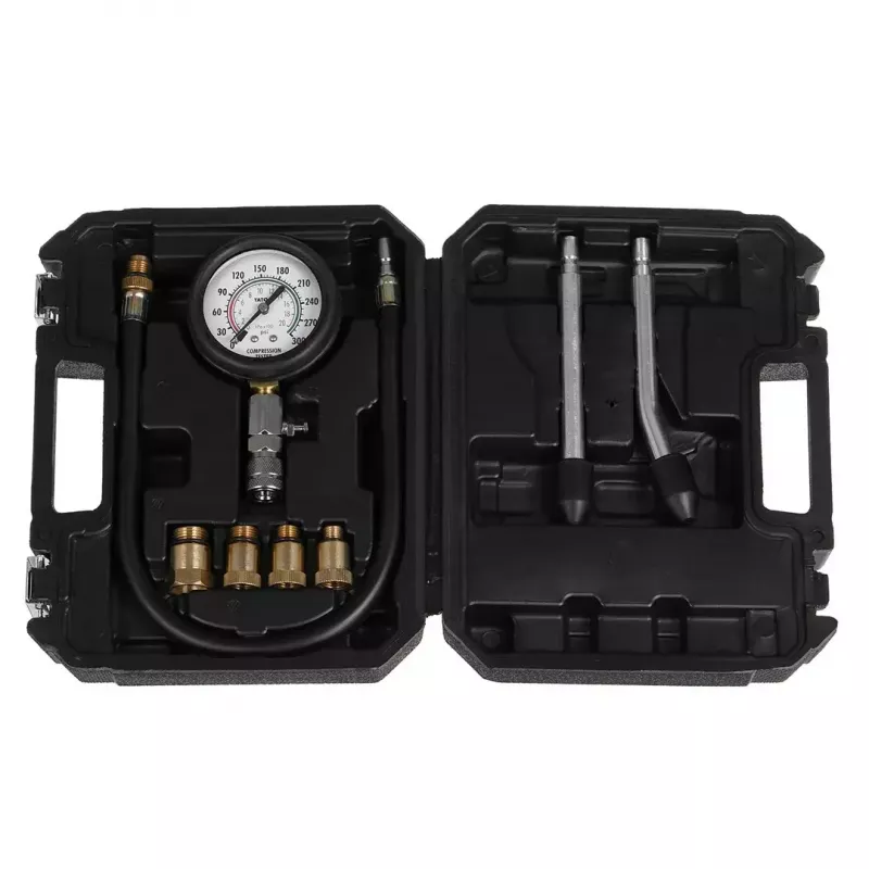 Analoginis manometras YATO YT-73022 0–20 bar, 75 mm ciferblatas, anglinis plienas, 0,5 m žarna, 4 žalvariniai adapteriai, nešiojimo dėklas