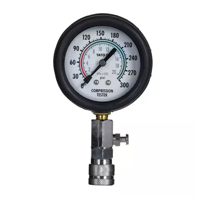 Analoginis manometras YATO YT-73022 0–20 bar, 75 mm ciferblatas, anglinis plienas, 0,5 m žarna, 4 žalvariniai adapteriai, nešiojimo dėklas