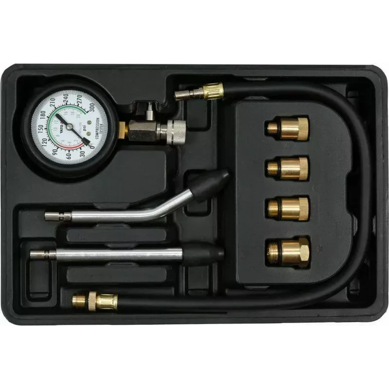 Analoginis manometras YATO YT-73022 0–20 bar, 75 mm ciferblatas, anglinis plienas, 0,5 m žarna, 4 žalvariniai adapteriai, nešiojimo dėklas