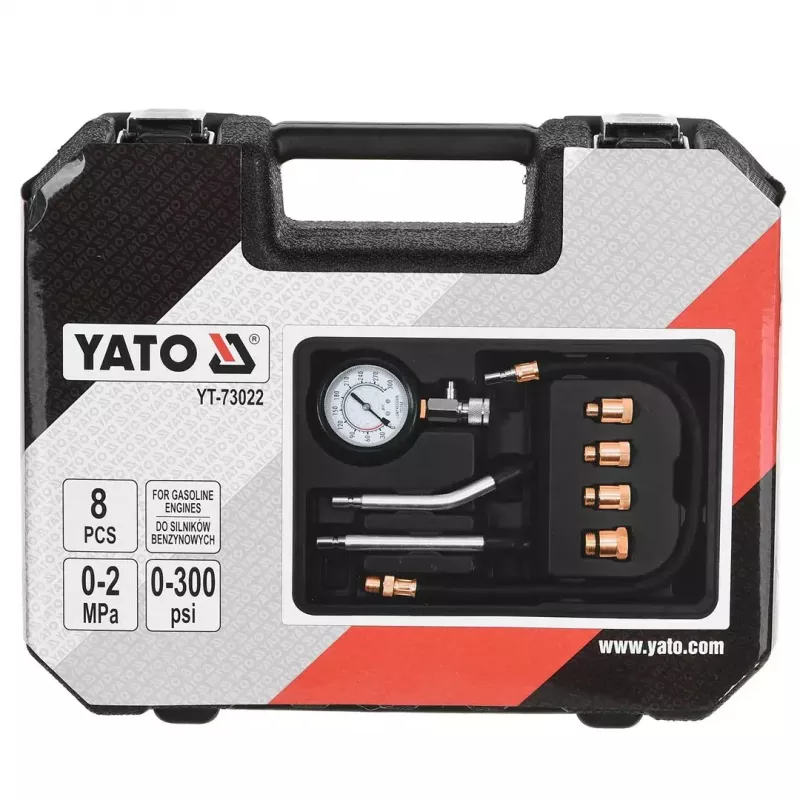 Analoginis manometras YATO YT-73022 0–20 bar, 75 mm ciferblatas, anglinis plienas, 0,5 m žarna, 4 žalvariniai adapteriai, nešiojimo dėklas