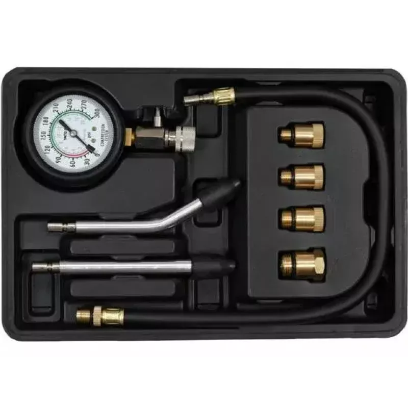 Analoginis manometras YATO YT-73022 0–20 bar, 75 mm ciferblatas, anglinis plienas, 0,5 m žarna, 4 žalvariniai adapteriai, nešiojimo dėklas