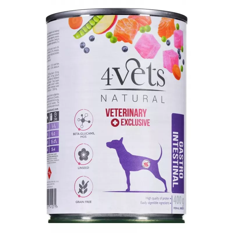 Drėgnas šunų ėdalas 4vets Natural Gastro Intestinal 400 g — gydomasis drėgnas racionas virškinimui palaikyti, kalakutienos skonio, 7,5 % baltymų, 5,5 % riebalų, be glitimo ir laktozės