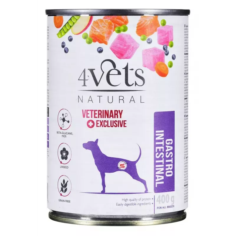 Drėgnas šunų ėdalas 4vets Natural Gastro Intestinal 400 g — gydomasis drėgnas racionas virškinimui palaikyti, kalakutienos skonio, 7,5 % baltymų, 5,5 % riebalų, be glitimo ir laktozės