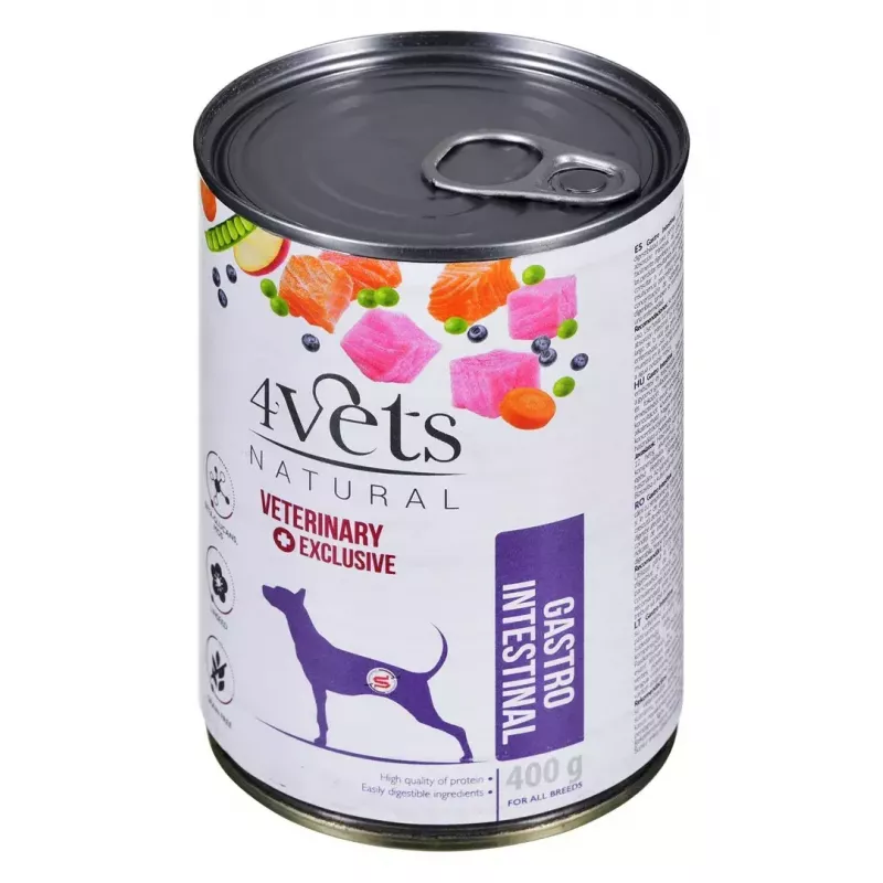 Drėgnas šunų ėdalas 4vets Natural Gastro Intestinal 400 g — gydomasis drėgnas racionas virškinimui palaikyti, kalakutienos skonio, 7,5 % baltymų, 5,5 % riebalų, be glitimo ir laktozės