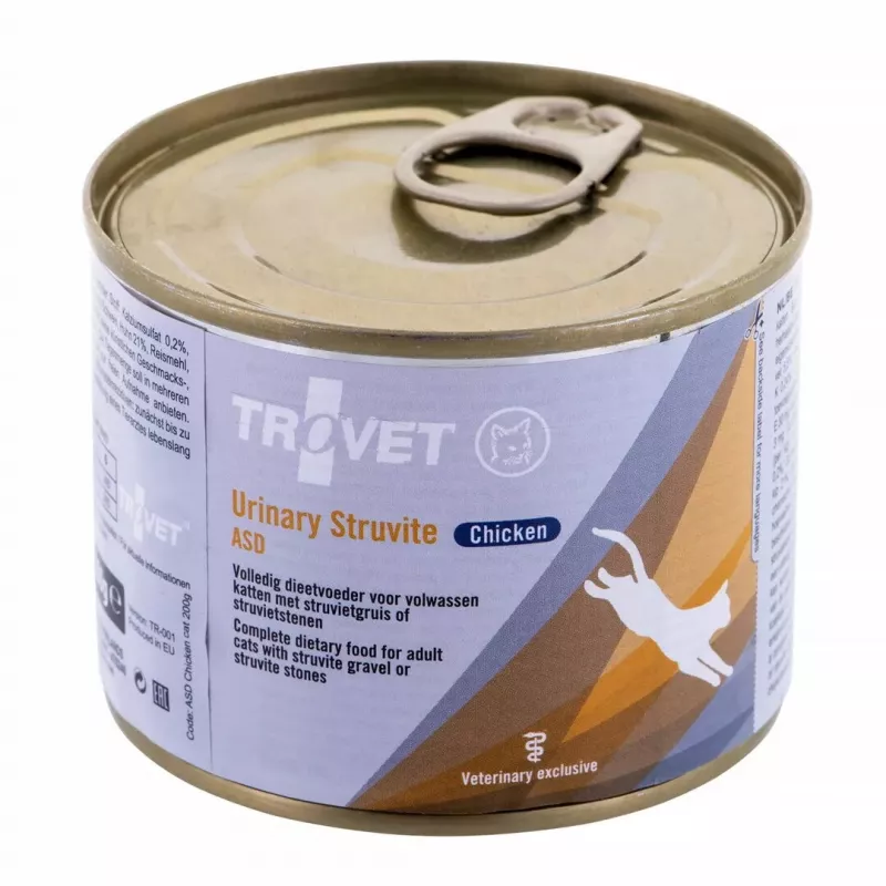 Drėgnas kačių ėdalas TROVET ASD Urinary Struvite vištienos 200 g — veterinarinė dieta šlapimo takų sveikatai, 76 % drėgmės, 9,2 % baltymų, 5,5 % riebalų