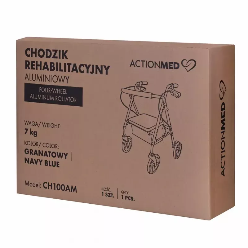 Reabilitacinis vaikštynas ActionMed CH100AM — lengvas aliuminis 4 ratų, reguliuojamas aukštis 700–937 mm, sėdynė 35×32 cm, maks. apkrova 136 kg, sulankstomas