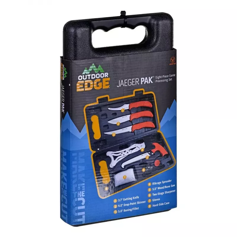 Stacionarių peilių medžioklės rinkinys Outdoor Edge Jaeger Pak 02OE069 su peiliu ir žvėrienos apdorojimo įrankiais